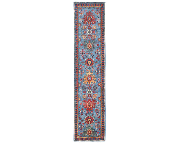 12 Ft Blue Aryana Afghan Hand Knotted Veg Dye Wool Runner Rug
